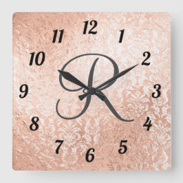 Monogrammed Rose Gold Damask Quadratische Wanduhr