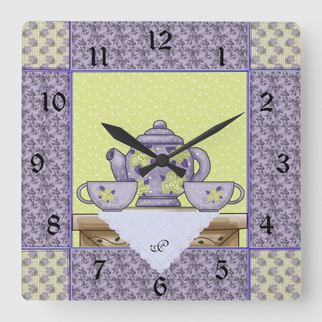Monogrammed Teapot Quilt Patch Wall Clock Quadratische Wanduhr (Vorderseite)