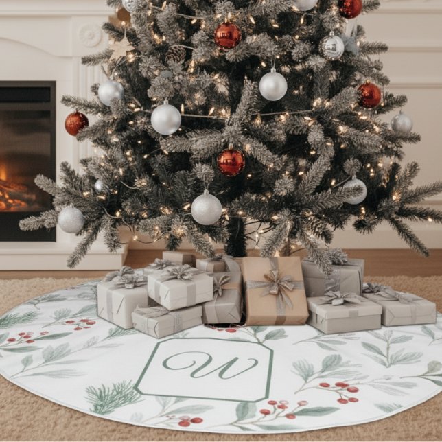 Monogrammed Winter Foliage Christmas Tree Skirt Polyester Weihnachtsbaumdecke (Monogram Christmas tree skirt)