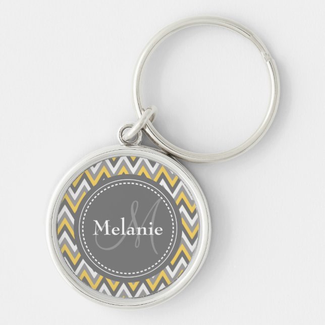 Monogrammed Yellow & Grey Chevron Pattern Schlüsselanhänger (Vorne)