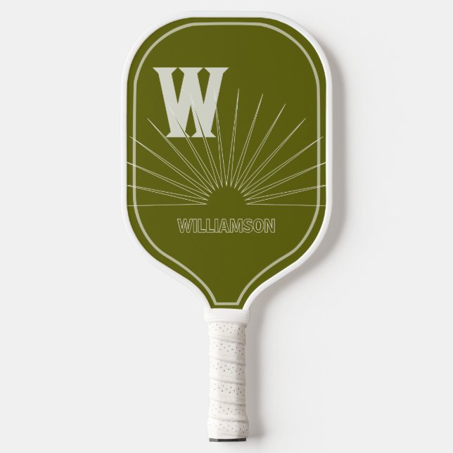 Monogrammiert mit Sunburst & Name Light Olive Pickleball Schläger (Vorderseite)