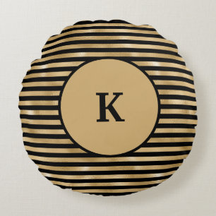 Monogrammiert Schwarz und Gold gestreift Chic Mode Rundes Kissen