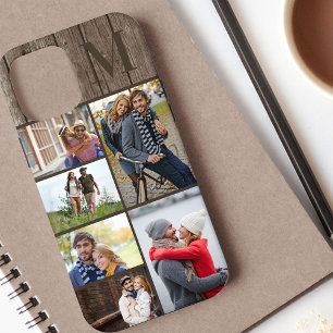 Monogrammierte 6-Foto-Collage braunes Holz Case-Mate iPhone Hülle