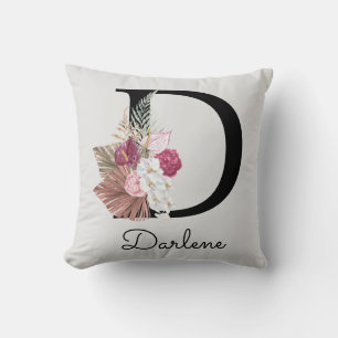 Monogrammierte Anfangsbuchstabe D Rosa Boho Kissen