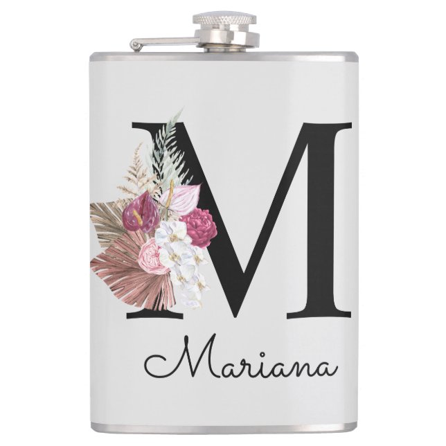 Monogrammierte Anfangsbuchstabe M Pink Boho Floral Flachmann (Vorderseite)