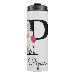 Monogrammierte Anfangsbuchstabe P Pink Boho Floral Thermosbecher