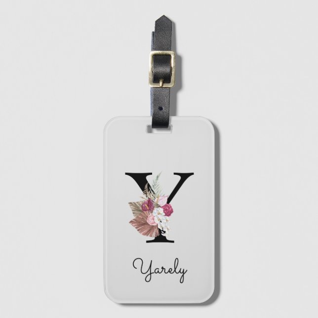 Monogrammierte Anfangsbuchstabe Y Pink Boho Floral Gepäckanhänger (Vorderseite Vertikal)