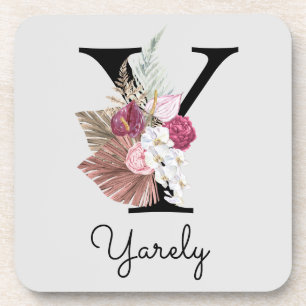 Monogrammierte Anfangsbuchstabe Y Pink Boho Floral Getränkeuntersetzer
