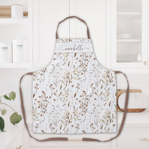 Monogrammierte Aquarell-Braun-Wildblumen-Blätter Schürze