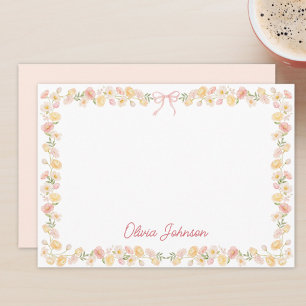 Monogrammierte Aquarell-Gelb-Rosa-Blumen Floral Mitteilungskarte