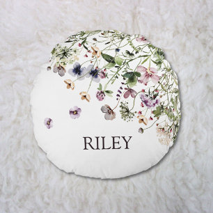 Monogrammierte Aquarell-Lila-Wildblumen Rundes Kissen