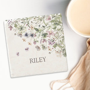 Monogrammierte Aquarell-Lila-Wildblumen Steinuntersetzer