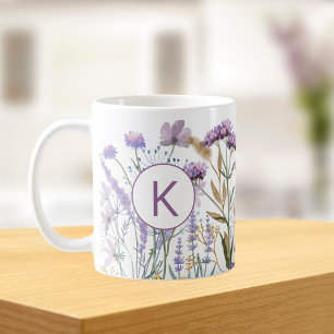 Monogrammierte Aquarell-Lila-Wildblumenwiese Kaffeetasse