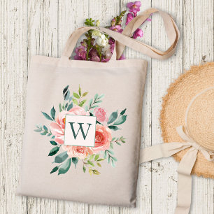 Monogrammierte Aquarell-Rosa-Rose- und Pfingstrose Tragetasche
