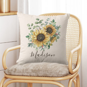 Monogrammierte Aquarell-Vintage-Sonnenblume im rus Kissen