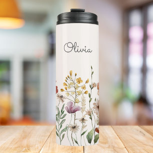 Monogrammierte Aquarell-Wildblume Hübsche Florale Thermosbecher