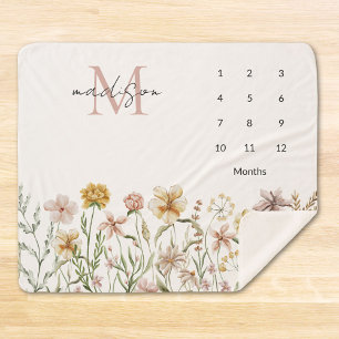 Monogrammierte Aquarell-Wildblumen-Blumen-Meilenst Sherpadecke