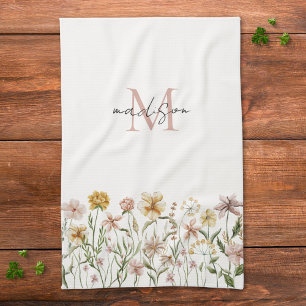 Monogrammierte Aquarell-Wildblumen-Wiesen-Blumen Geschirrtuch
