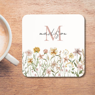 Monogrammierte Aquarell-Wildblumen-Wiesen-Blumen Getränkeuntersetzer