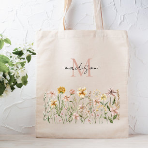 Monogrammierte Aquarell-Wildblumen-Wiesen-Blumen Tragetasche