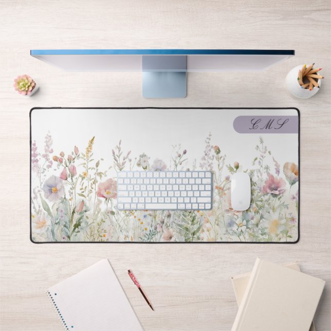 Monogrammierte Aquarellfarben-Wildblumen Schreibtischunterlage (Büro 1)