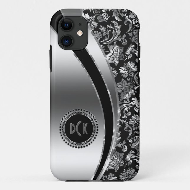 Monogrammierte Black & Metallic Silver Damasks Case-Mate iPhone Hülle (Rückseite)