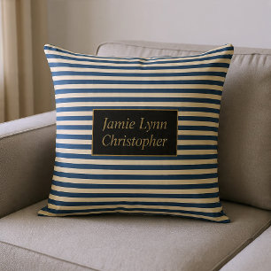 Monogrammierte Blau/Vanille-Streifen Kissen
