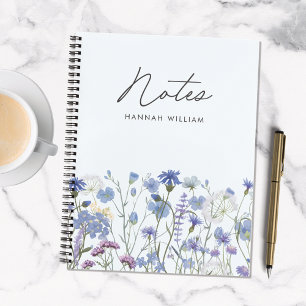 Monogrammierte Blaue Aquarell-Wildblumenwiese Notizbuch