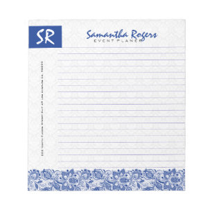 Monogrammierte blaue Blumen-Spitze & weiße Damast  Notizblock