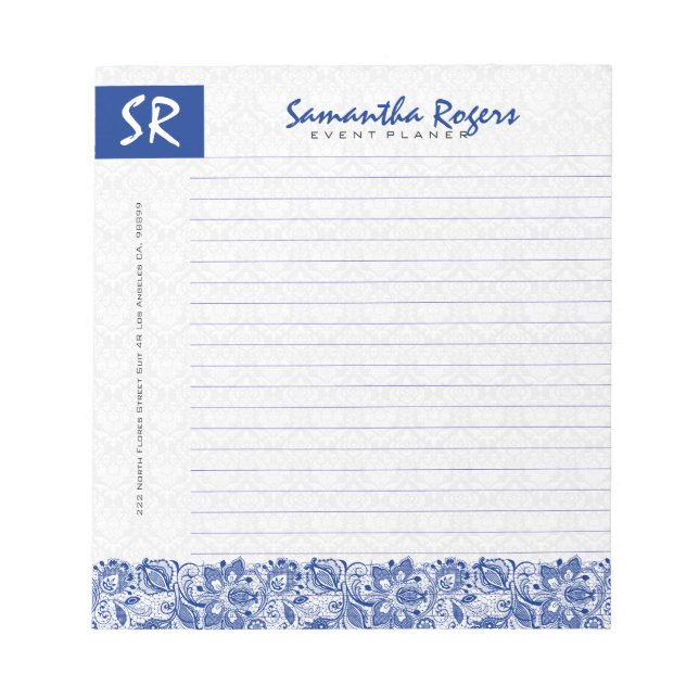 Monogrammierte blaue Floral-Schnüre und weiße Dama Notizblock (Vorderseite)