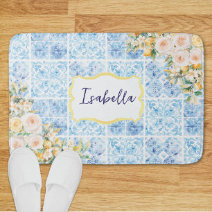 Monogrammierte blaue mediterrane Fliesen Blumen Zi Badematte