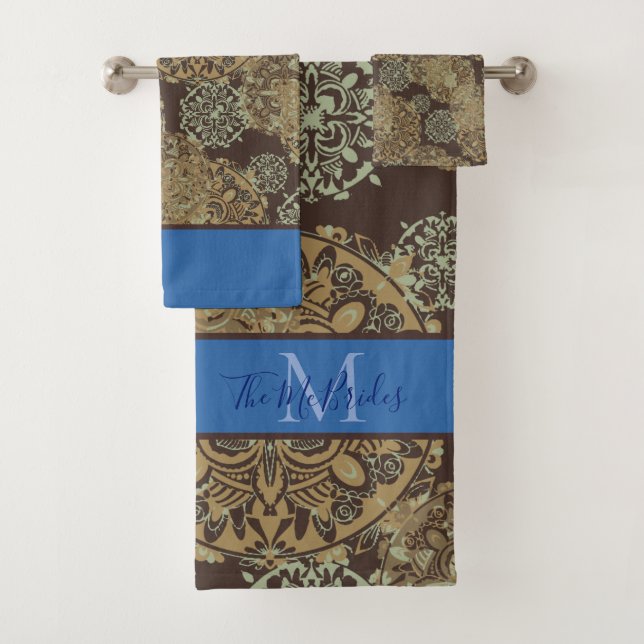 Monogrammierte blaue und braune boho moodige Manda Badhandtuch Set (Insitu)