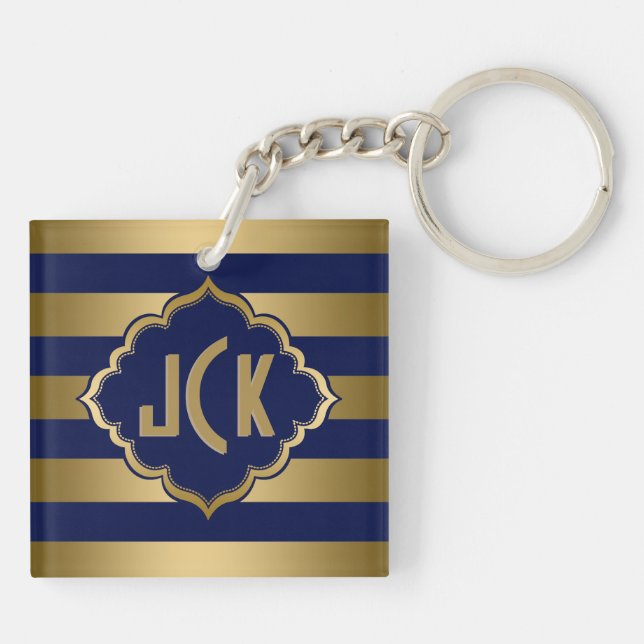 Monogrammierte blaue und goldene Streifen Modernes Schlüsselanhänger (Rückseite)