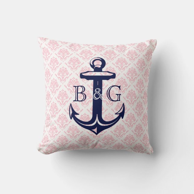Monogrammierte blaue Wasserklemme und rosa Damaske Kissen (Vorderseite)