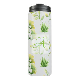 Monogrammierte botanische Blätter Wasserfarbe Grün Thermosbecher