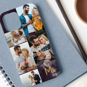 Monogrammierte dunkle Marmor 5-Foto-Collage Case-Mate iPhone Hülle