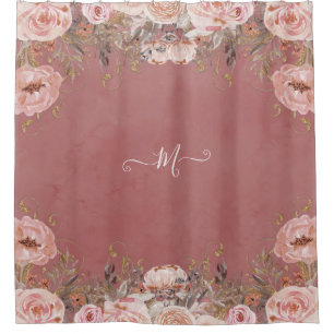 Monogrammierte Florale Rosa Rosen Wasserfarbe Vint Duschvorhang