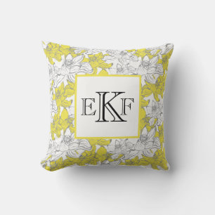 Monogrammierte gelbe und graue weiße Blumen Kissen