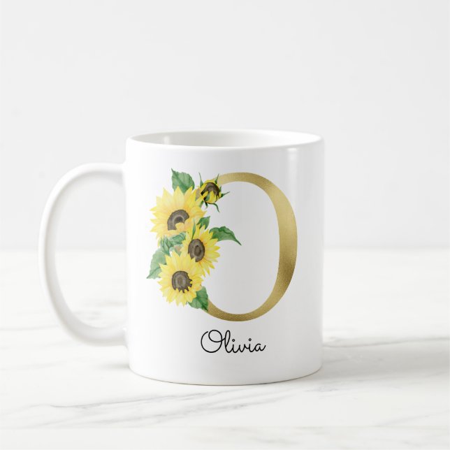 Monogrammierte goldene Sonnenblumen-Blumen-Initial Kaffeetasse (Links)