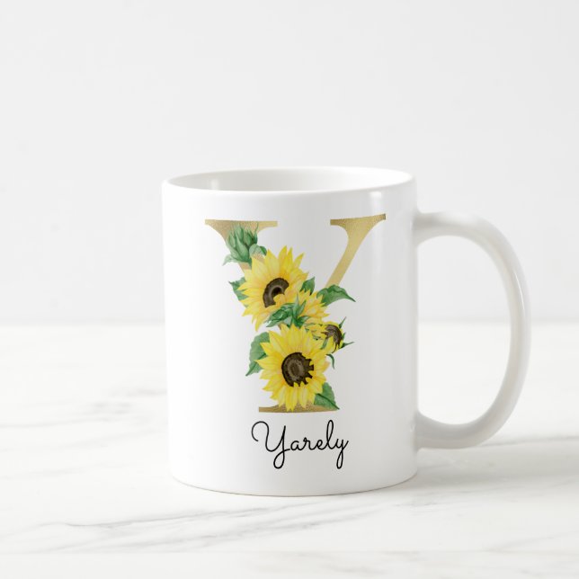 Monogrammierte goldene Sonnenblumen-Blumeninitiale Kaffeetasse (Rechts)