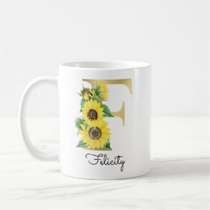 Monogrammierte goldene Sonnenblumen-Blumeninitiale Kaffeetasse