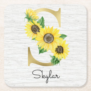 Monogrammierte goldene Sonnenblumen-Blumeninitiale Rechteckiger Pappuntersetzer