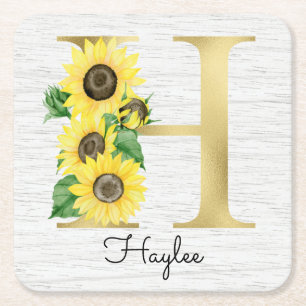 Monogrammierte goldene Sonnenblumen Initiale H Rechteckiger Pappuntersetzer