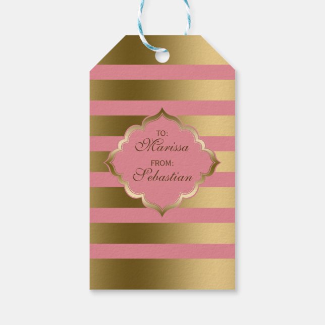 Monogrammierte goldene Streifen und rosa geometris Geschenkanhänger (Rückseite)