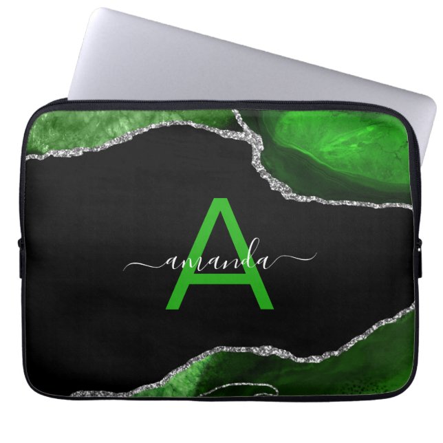 Monogrammierte grüne Achat mit Silber-Glitter-Akze Laptopschutzhülle (Vorderseite)