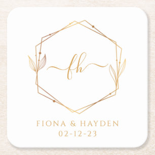Monogrammierte Hochzeit Elegant Minimal Weiß Gold Rechteckiger Pappuntersetzer