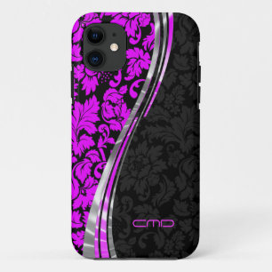 Monogrammierte Hot Pink & Black Damask Silver Acce Case-Mate iPhone Hülle