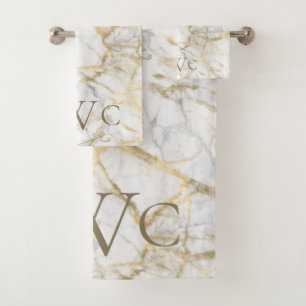Monogrammierte Initialen Gold Weiß Grau Marmor Badhandtuch Set