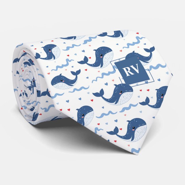Monogrammierte lächelnde Wale & Wellen Krawatte (Gerollt)