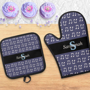 Monogrammierte lila musikalische gemusterte Noten Ofenhandschuh & Topflappen-Set